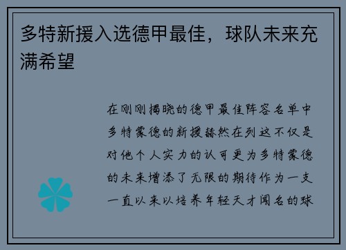 多特新援入选德甲最佳，球队未来充满希望