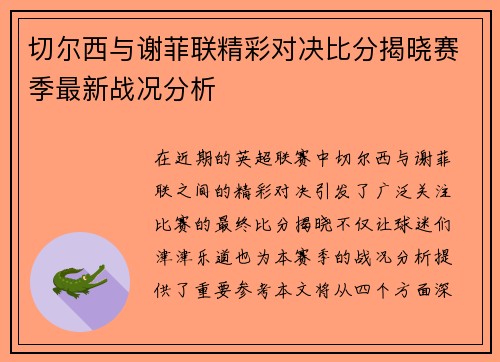 切尔西与谢菲联精彩对决比分揭晓赛季最新战况分析