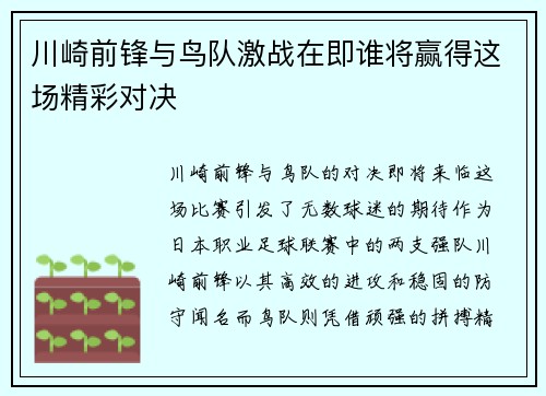 川崎前锋与鸟队激战在即谁将赢得这场精彩对决